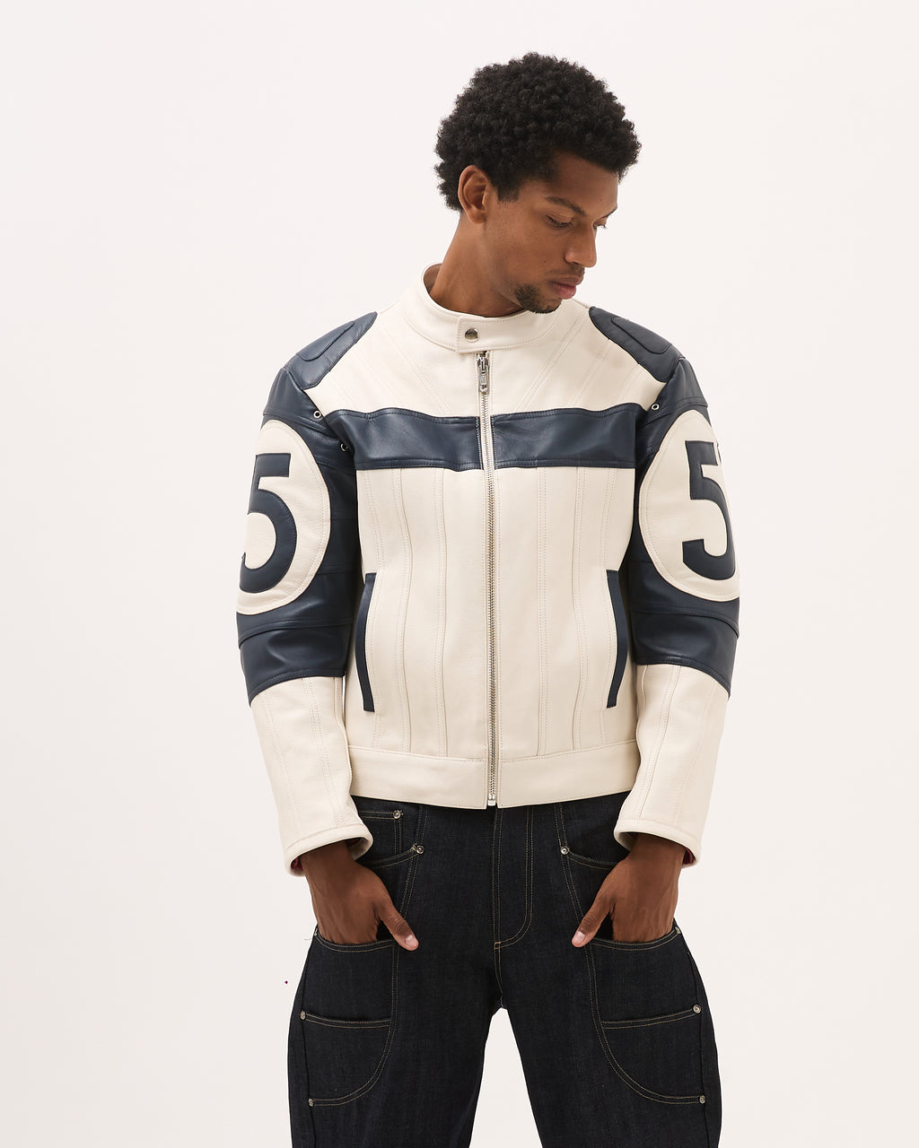 DESTINY LEATHER JACKET - White/Blue