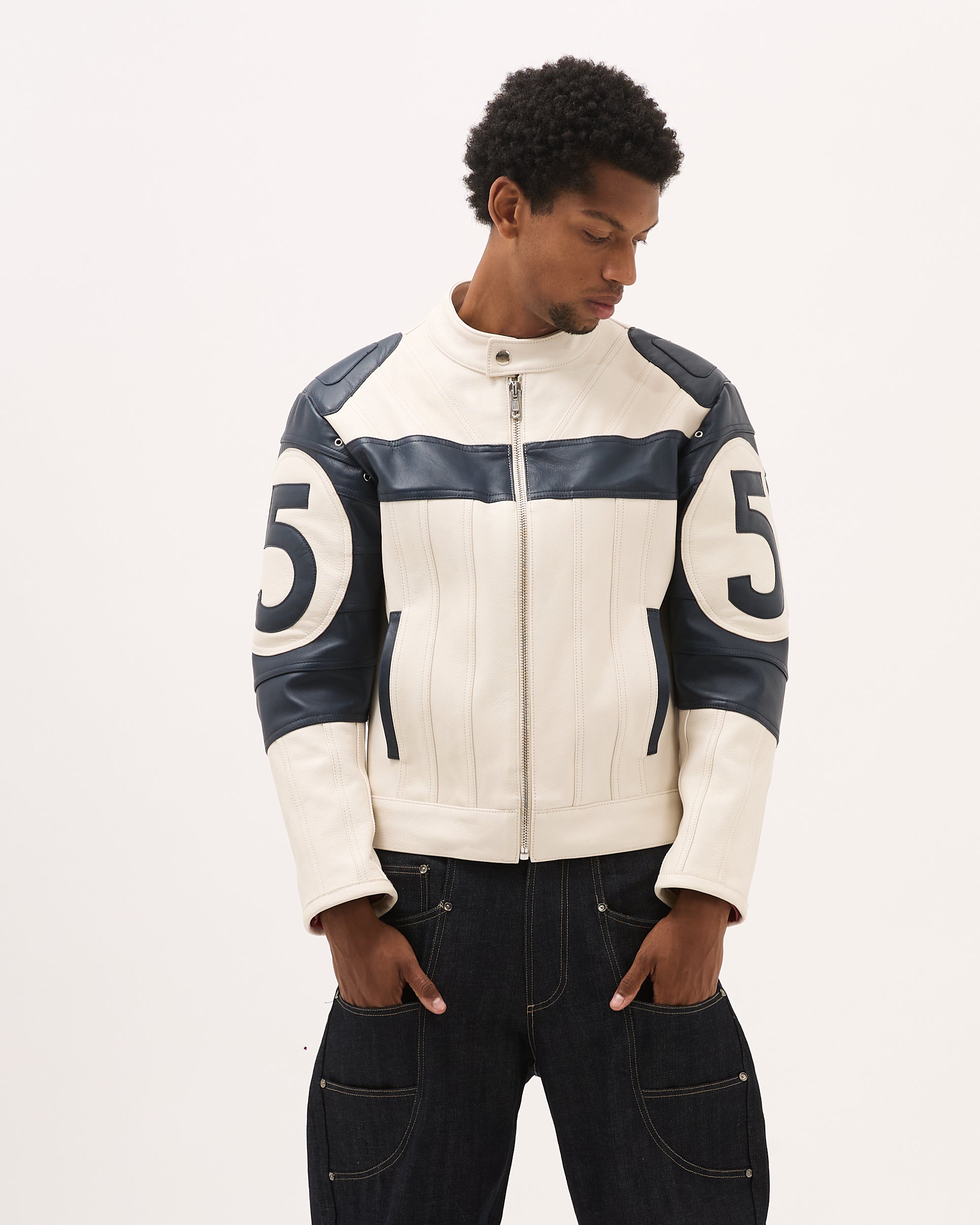 DESTINY LEATHER JACKET - White/Blue