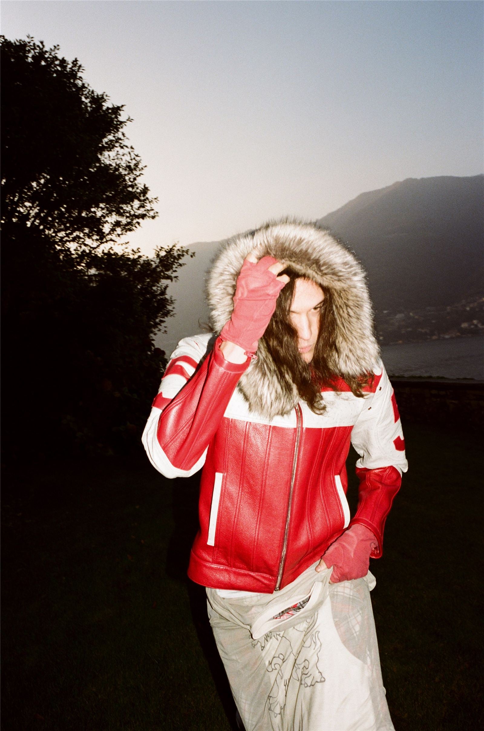 Château red Destiny leather jacket, photographed outdoors